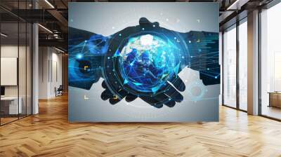 Businesspeople handshake over Earth planet hologram symbolizing worldwide fintech industry at international business. Tech interface. Elements of this image furnished by NASA Wall mural