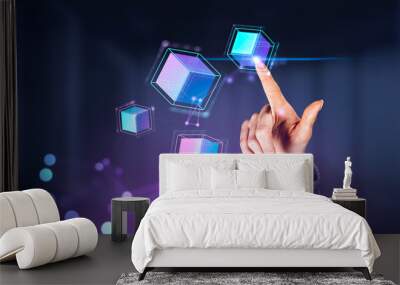 businesswoman touching digital interface with holograms of virtual cubes Wall mural