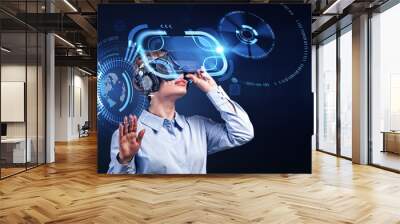 Businesswoman using vr headset in metaverse, online connection hologram Wall mural