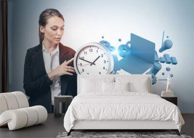 Businesswoman with clock, time management Wall mural