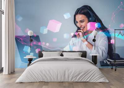 Businesswoman working with laptop, data blocks in cyberspace, metaverse Wall mural