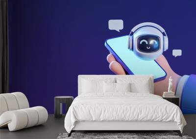 Cartoon hand with phone, smiling robot with speech bubble. Mockup screen Wall mural