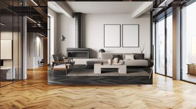 Chill room interior with armchairs and sofa, coffee table and mockup frames Wall mural