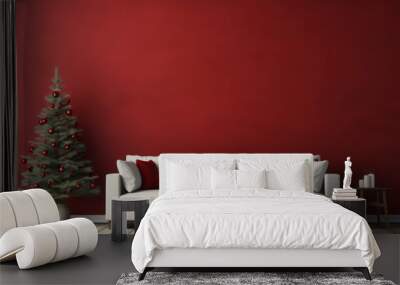 Christmas tree in Modern design room interior. Concept of new year and celebration. Blank empty mock up red wall background. Ai generative. Wall mural