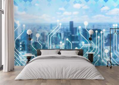 City background with circuit interface Wall mural