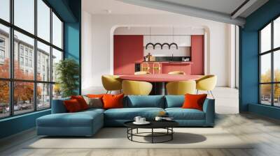 Colored home kitchen interior with dinner table, bar island and panoramic window Wall mural