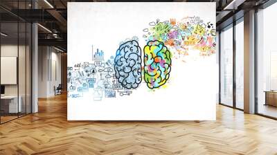 Colorful brain sketch on concrete wall Wall mural