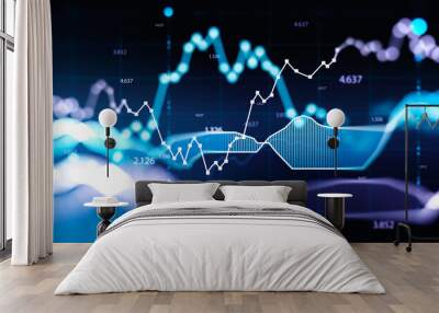 concept of stock market and fintech data analysis. blue and violet digital bar charts over dark blue Wall mural