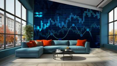 Concept of stock market and fintech forex concept. Blurry blue digital charts over dark blue background. Futuristic financial interface. illustration. Wall mural