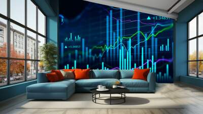 Concept of stock market and fintech forex concept. Blurry blue digital charts over dark blue background. Futuristic financial interface. Wall mural