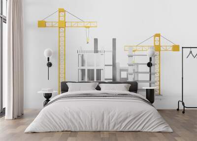 Concrete building under construction with cranes, grey background Wall mural