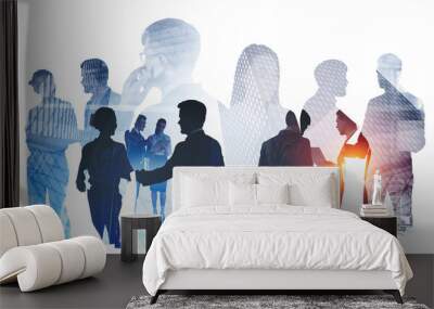 Conference in business company, buildings with people silhouette Wall mural