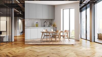 Corner view of bright kitchen room interior with panoramic window Wall mural