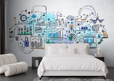 Creative business strategy sketch on concrete wall Wall mural