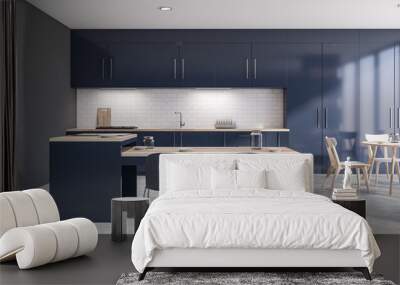 Dark blue kitchen interior with bar and table Wall mural