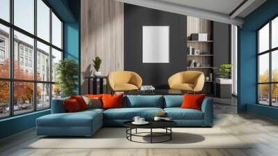 Dark living room interior with armchairs and coffee table, mockup poster Wall mural