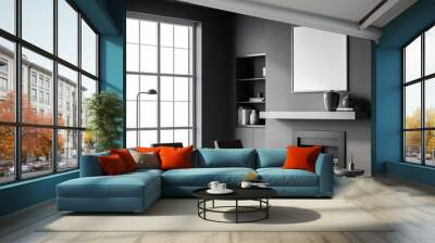 Dark living room interior with armchairs near window, mockup poster Wall mural