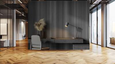 Dark wooden home office interior Wall mural