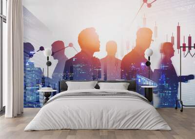 Diverse business team in night city, graphs Wall mural