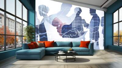 Double exposure of businessman and businesswoman handshake on stock market graph background and New York downtown. Concept financial transaction and deal processing. Wall mural