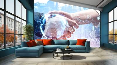 Double exposure of partnership handshake, earth globe hologram and skyscrapers Wall mural