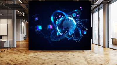 Earth globe and digital world with data blocks and virtual connection Wall mural