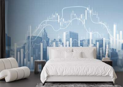 Financial candlesticks bar charts over New York panoramic city view. The concept of international business and consulting. Double Exposure. Wall mural