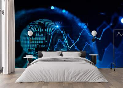 Financial graph and planet hologram background Wall mural