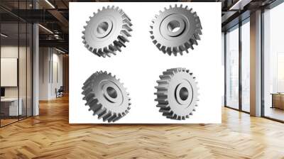 Four metallic gears shown from different angles, highlighting their intricate design on a white background. Concept of machinery and engineering. 3D Rendering Wall mural