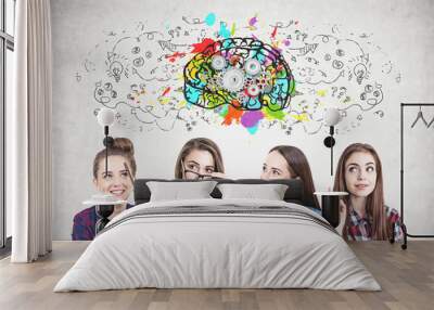 Four teen girls thinking together, cog brain Wall mural