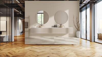 Front view on bright bathroom interior with sinks, round mirrors Wall mural