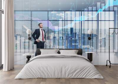 Full-length confident person in formal suit. A modern panoramic office with New York city view and forex chart. A concept of the asset management. Wall mural