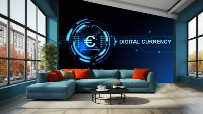 Glowing euro symbol and circuit board, digital currency hologram Wall mural