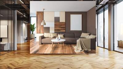 Gray living room interior, brown sofa and poster Wall mural