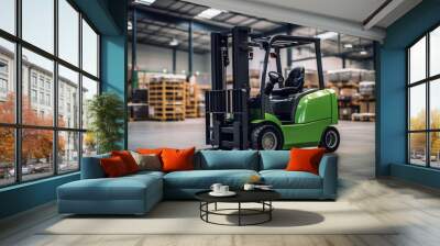 Green forklift parked in warehouse, material handling equipment on glossy floor. Storage concept. Generative AI Wall mural