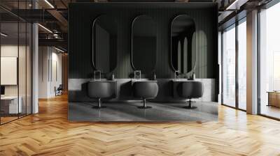 Green modern beauty salon with chairs in row and mirror, panoramic window Wall mural