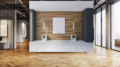 Grey and wooden empty living room with poster Wall mural