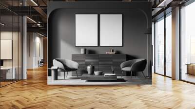 Grey chill room interior with seats and dresser with coffee table, mockup frame Wall mural