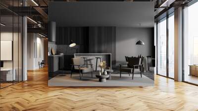 Grey kitchen interior with armchairs, dining table near window on wooden floor Wall mural