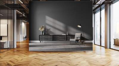 Grey living room interior with armchair, drawer and lamp, mockup Wall mural