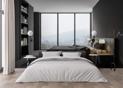 Grey master bedroom with bookcase, side view Wall mural