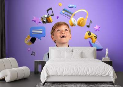 Happy boy with credit card and smartphone, online shopping and video games Wall mural