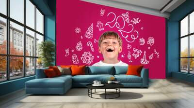 Happy kid portrait and doodle with 2023 year with holiday decora Wall mural