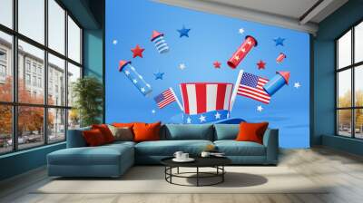 Independance day conceptual greeting card with hat and fireworks Wall mural