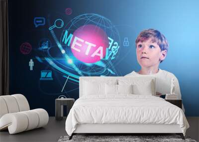 Kid boy with phone, metaverse digital globe with social media and web icons Wall mural