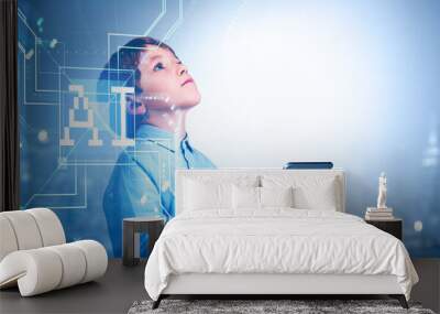 Kid boy with tablet, AI digital hologram and binary code with circuit Wall mural