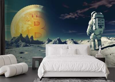 Large bitcoin planet and astronaut on a hill. Ai generative illustration Wall mural