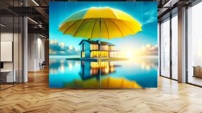 Large yellow umbrella covering a modern house on water, with a sunset background. Concept of protection and insurance.  Generative AI Wall mural