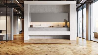 Light grey and wooden bathroom with two sinks and mirror, parquet floor Wall mural