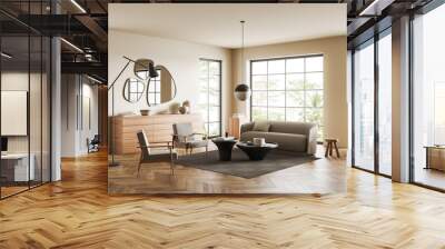 Light living room interior with couch and two chairs, drawer and window Wall mural